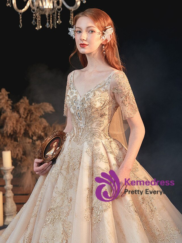 Fabulous Tulle V-neck Short Sleeve Beading Sequins Champagne Wedding Dress