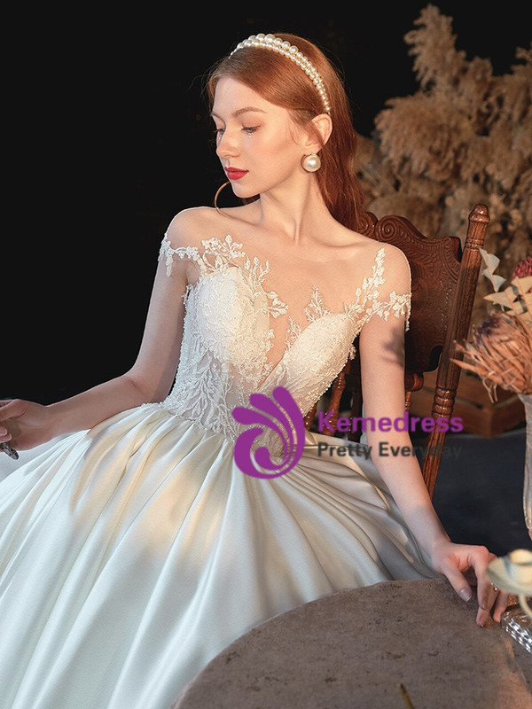 White Corset Satin Cap Sleeve Backless Appliques Beading Wedding Dress