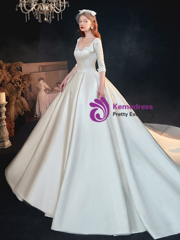 Fantastic White Satin Square 3/4 Sleeve Beading Backless Wedding Dress