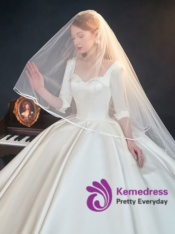 Fantastic White Satin Square 3/4 Sleeve Beading Backless Wedding Dress