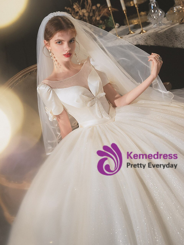 Exciting Tulle Satin Sequins Bateau Short Sleeve Bow Brides Wedding Dress