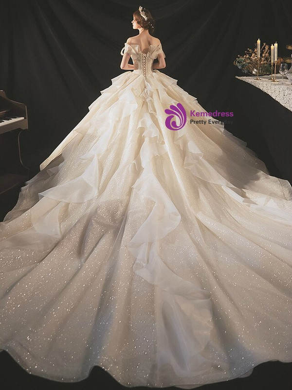 Flattering Champagne Tulle Off the Shoulder Beading Sleevless Wedding Dress