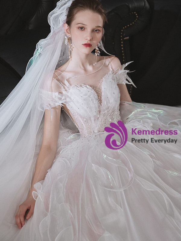 Exciting White Tulle Beading Corset Illusion Wedding Dress 