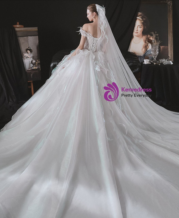 Exciting White Tulle Beading Corset Illusion Wedding Dress 