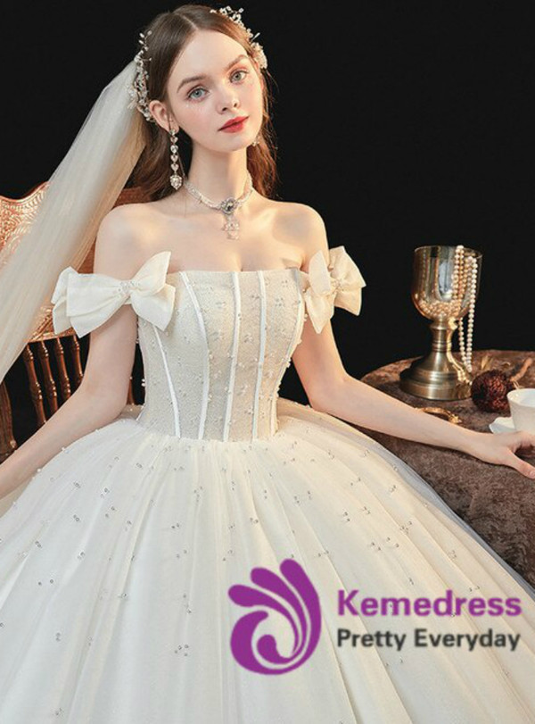 Dramatic Chamapgne Tulle Corset Off the Shoulder Pearls Wedding Dress 