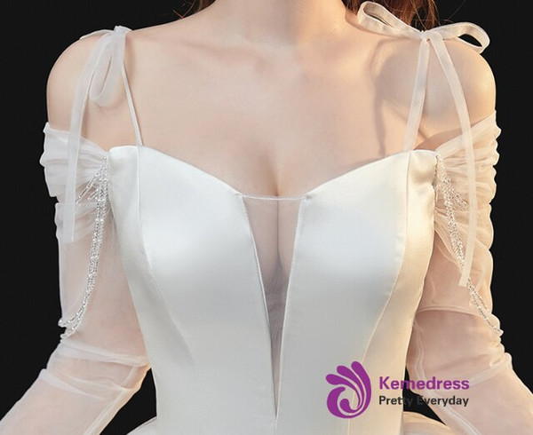 Plain Ivory White Long Sleeve Spaghetti Straps Tulle Satin Wedding Dress