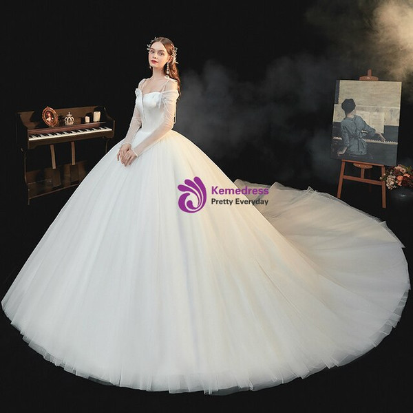 Plain Ivory White Long Sleeve Spaghetti Straps Tulle Satin Wedding Dress