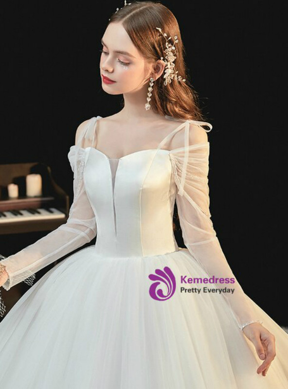 Plain Ivory White Long Sleeve Spaghetti Straps Tulle Satin Wedding Dress