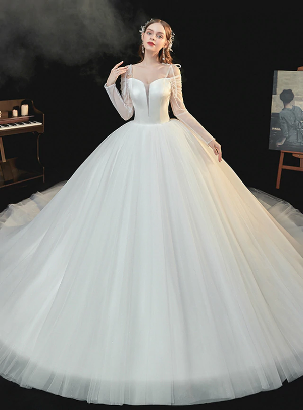 Plain Ivory White Long Sleeve Spaghetti Straps Tulle Satin Wedding Dress