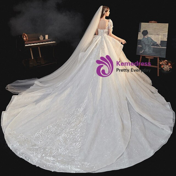 Tulle Sequins Short Sleeve Beading Backless Corset Illusion Wedding Dress