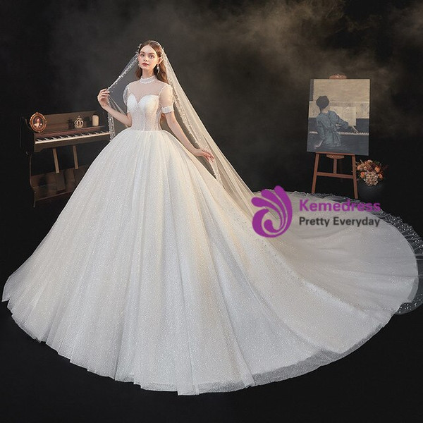 Tulle Sequins Short Sleeve Beading Backless Corset Illusion Wedding Dress