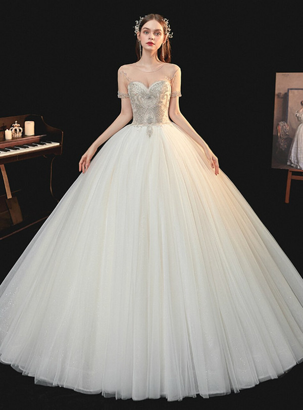 Concise Champagne Tulle Short Sleeve Backless Beading Wedding Dress