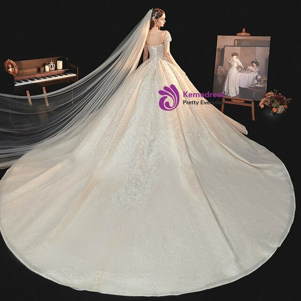 Tulle Short Sleeve Backless Beading Sequins Champagne Wedding Dress