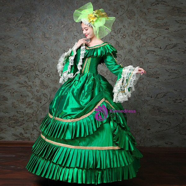 Green Ball Gown Satin Puff Sleeve Costume Masquerade Dress