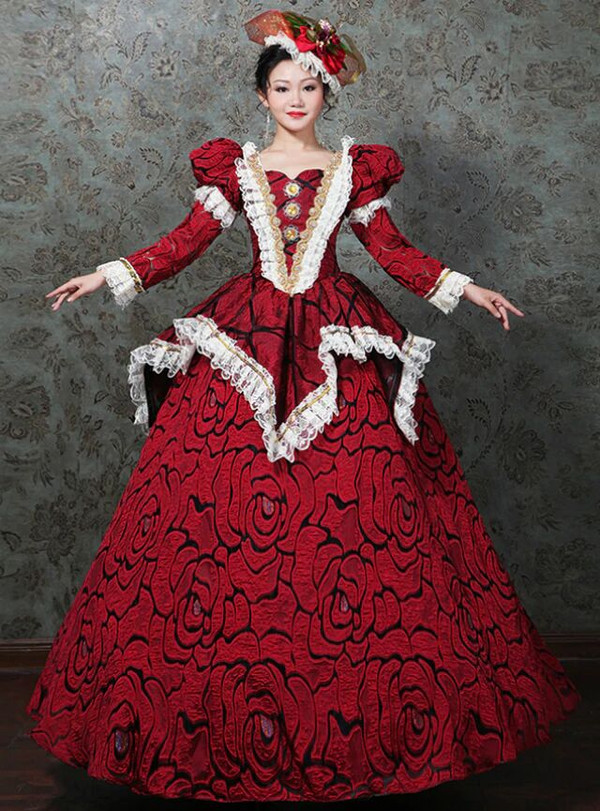 Red Puff Long Sleeve Lace Costume Masquerade Dress