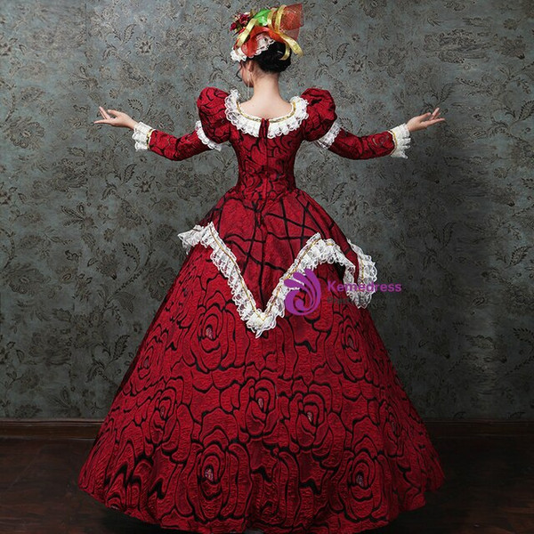 Red Puff Long Sleeve Lace Costume Masquerade Dress