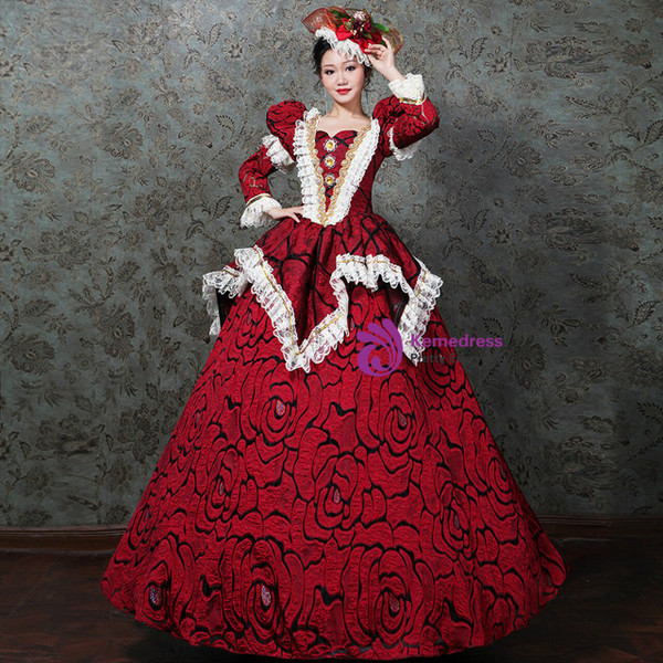 Red Puff Long Sleeve Lace Costume Masquerade Dress