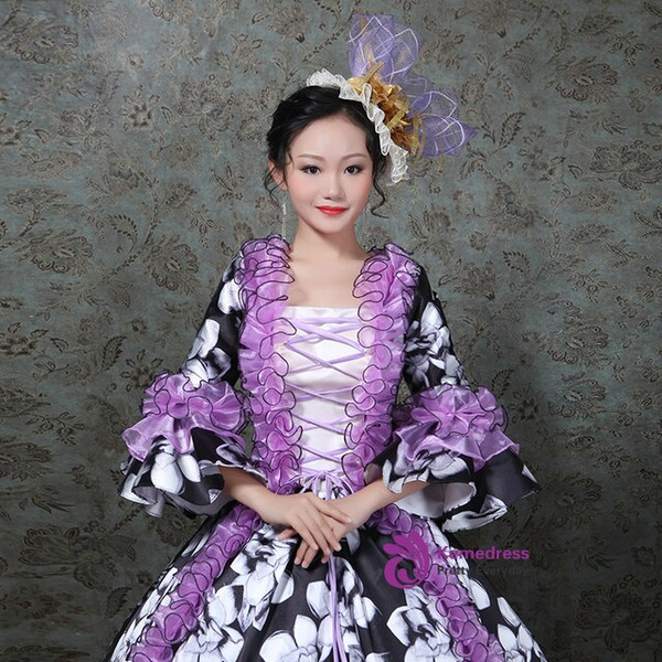 Black Satin Print Organza Puffles Antonietta Rococo Victorian Dress