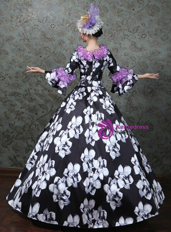 Black Satin Print Organza Puffles Antonietta Rococo Victorian Dress