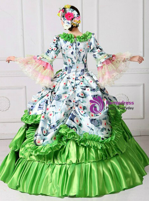 Green Satin Pleats Print Antonietta Party Costume Dress 