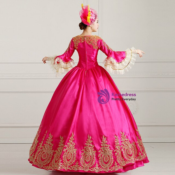 Fuchsia Satin V-neck Puff Sleeve Appliques Party Costume Rococo Dress