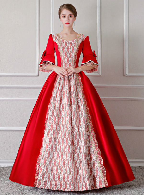 Red Satin Short Sleeve Lace Appliques Antonietta Costume Dress