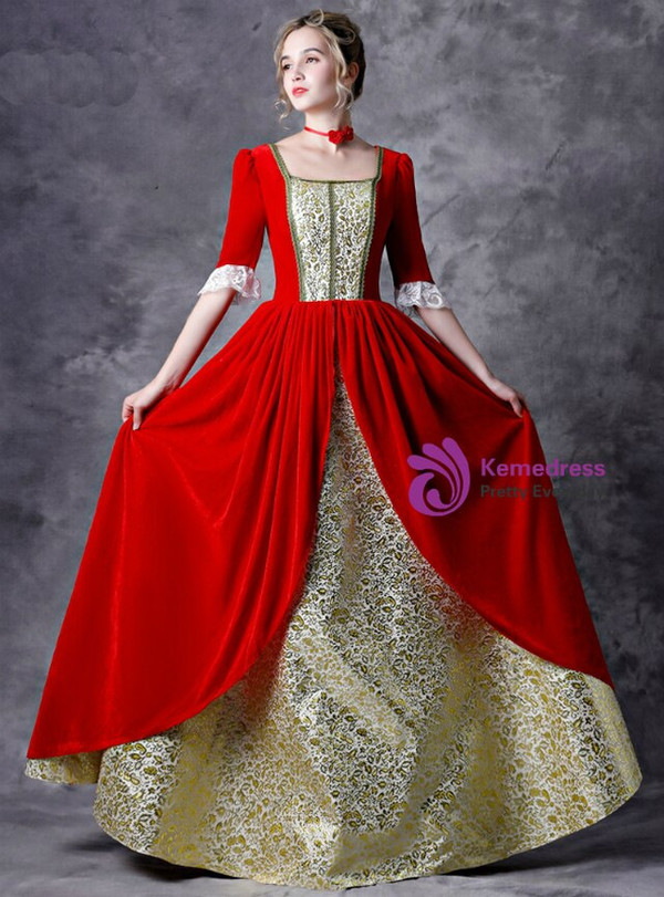 Red Velvet Short Sleeve Drama Stage Play Baroque Victorian Dress 