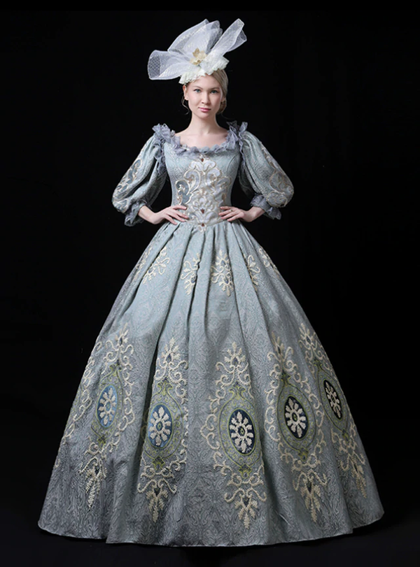 Blue 3/4 Sleeve Embroidery Rococo Baroque Vintage Dress