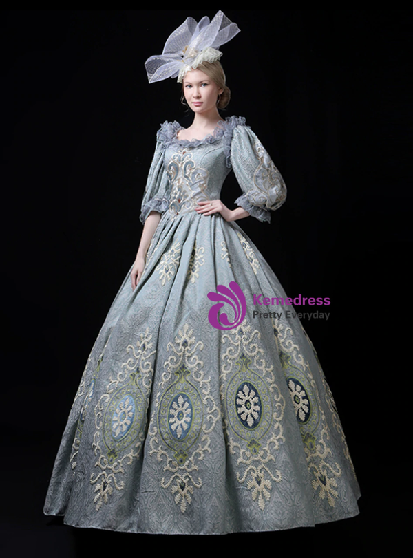 Blue 3/4 Sleeve Embroidery Rococo Baroque Vintage Dress