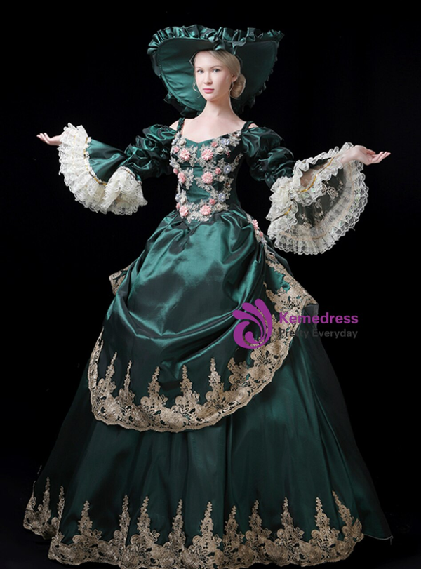Green Satin Flower Appliques Drama Show Rococo Baroque Dress