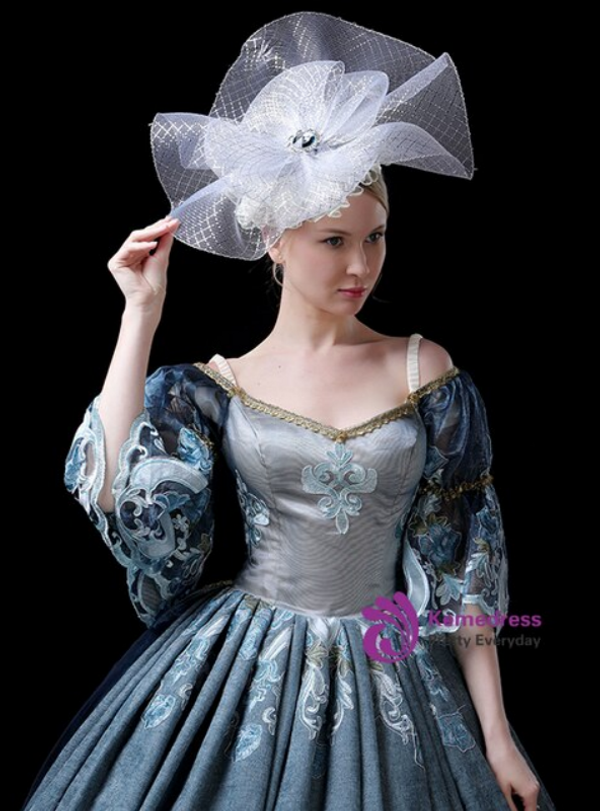Blue Off the Shoulder Print Puff Sleeve Antonietta Rococo Gown