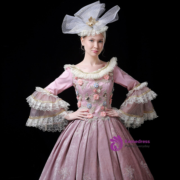 Fabulous Pink Flower Long Sleeve Appliques Baroque Victorian Gown
