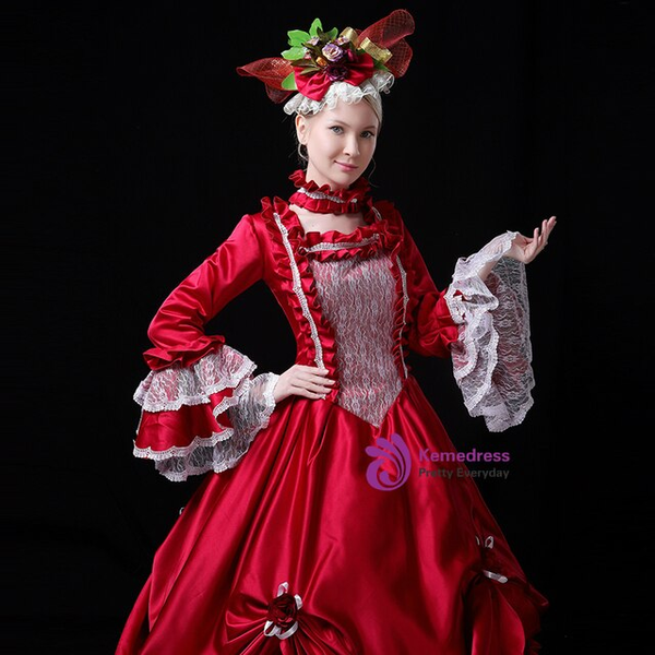 Red Satin Lace High Neck Long Sleeve Rococo Baroque Vintage Gown