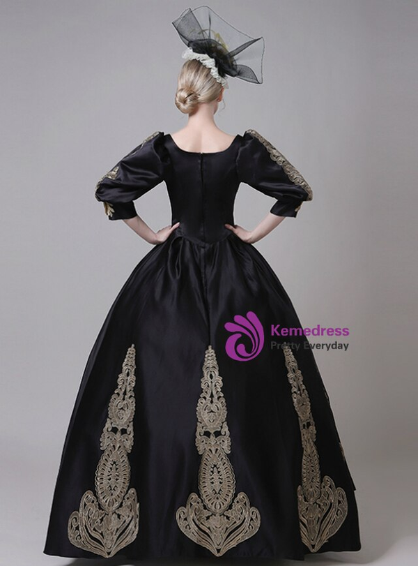 Black Satin Square Half Sleeve Antonietta Party Costume Dress