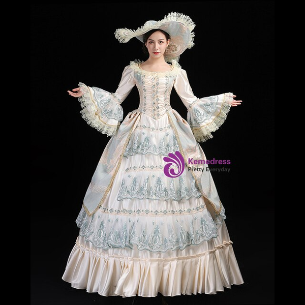 Champagne Satin Ball Gown Long Sleeve Baroque Costume Dress