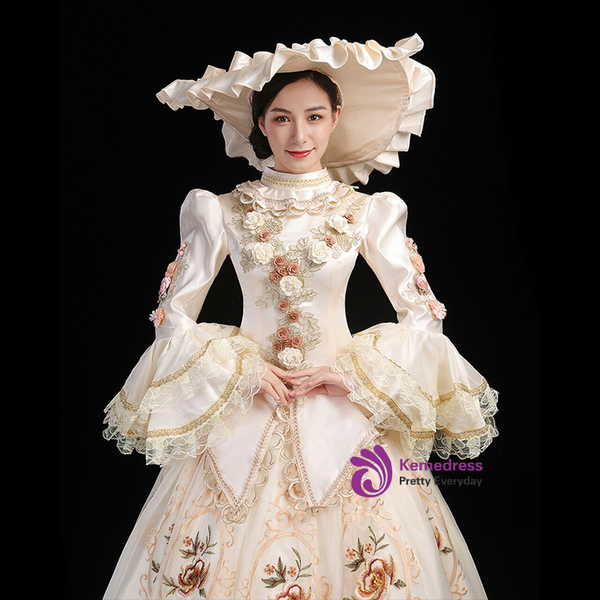 Champagne Tulle Long Sleeve Baroque Party Costume Dress