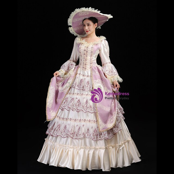 Champagne and Purple Satin Long Sleeve Baroque Victorian Dress
