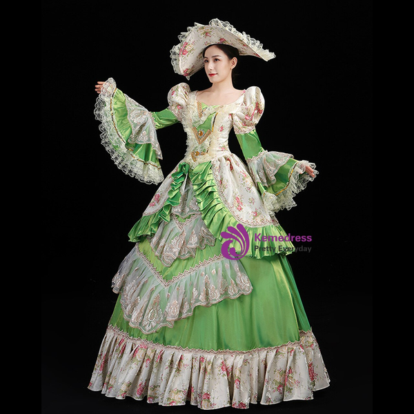 Green Ball Gown Satin Lace Print Antonietta Party Costume Dress