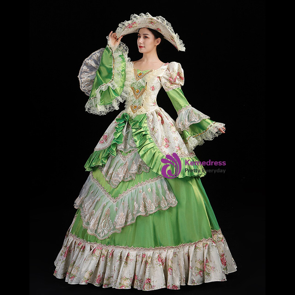 Green Ball Gown Satin Lace Print Antonietta Party Costume Dress