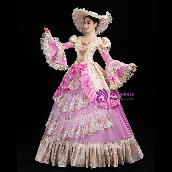 Pink Ball Gown Satin Lace Print Drama Show Masquerade Dress