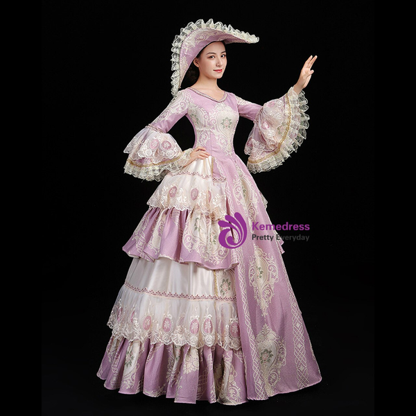 Pink Ball Gown Embroidery Long Sleeve Baroque Victorian Dress