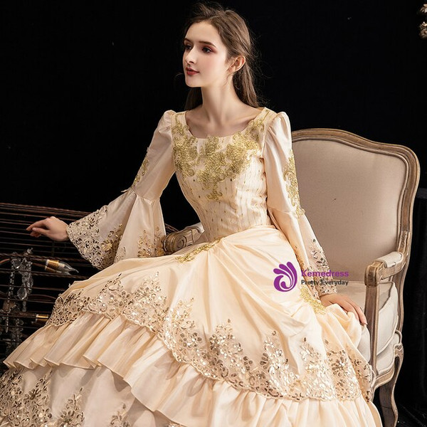 Champagne Sequins Satin Puff Sleeve Rococo Baroque Vintage Gown Dress
