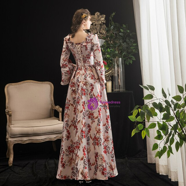 Burgundy Satin Print Short Sleeve Rococo Baroque Vintage Gown Dress