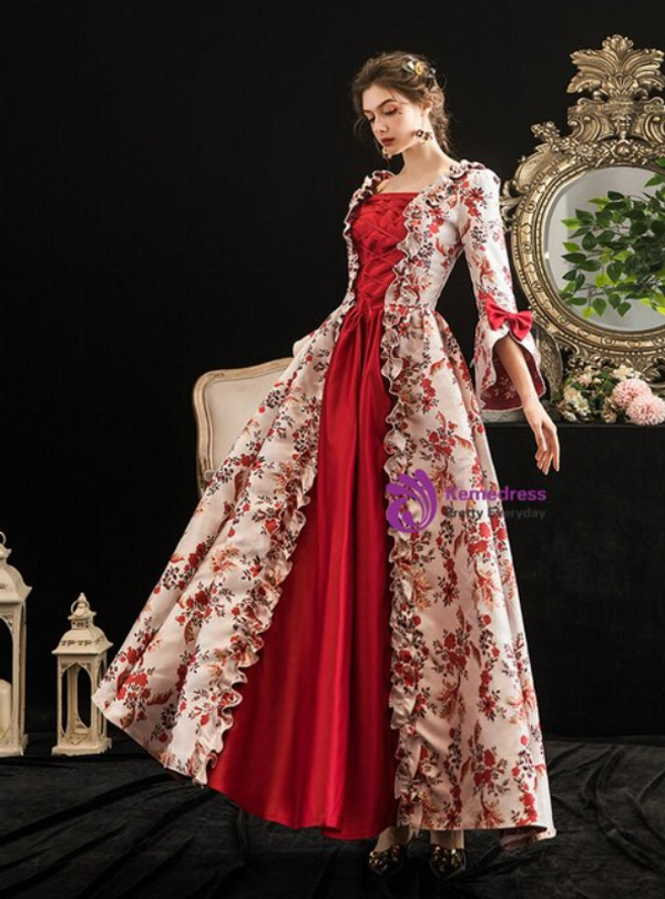 Burgundy Satin Print Short Sleeve Rococo Baroque Vintage Gown Dress