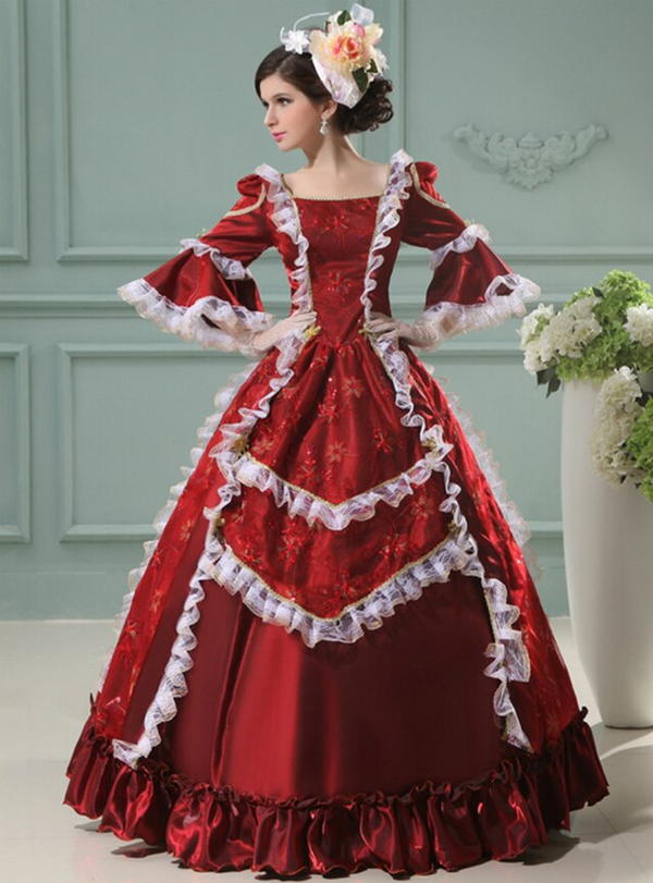 Burgundy Satin Square Short Sleeve Drama Show Party Costume Dress