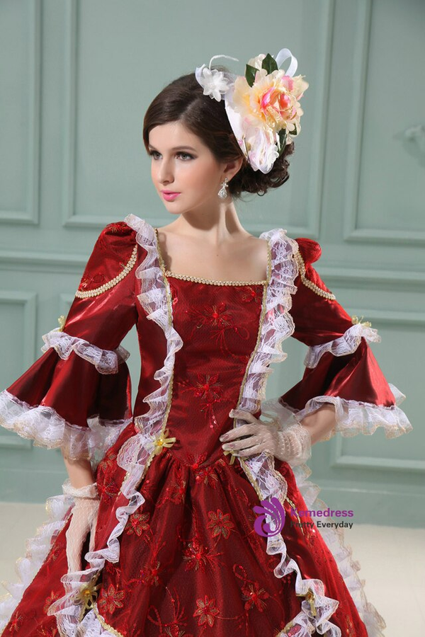 Burgundy Satin Square Short Sleeve Drama Show Party Costume Dress