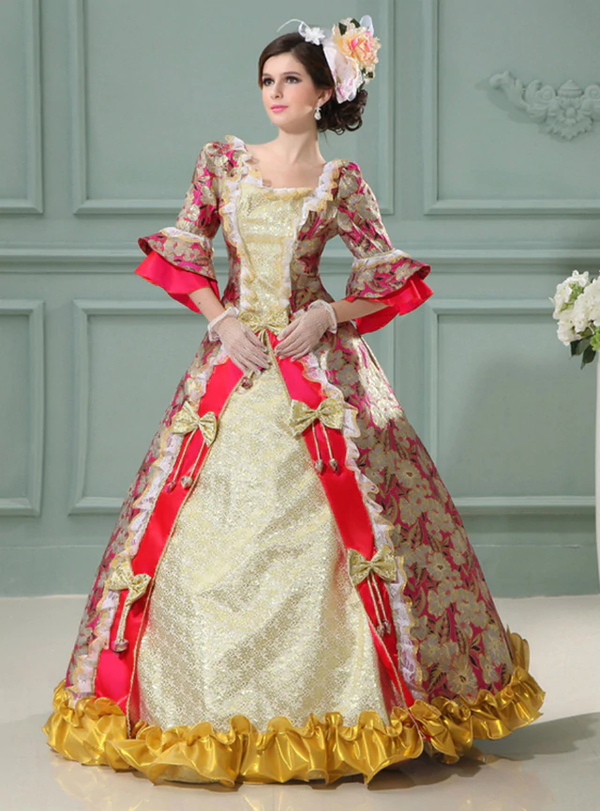 Fuchsia Print Short Sleeve Bow Baroque Party Costume Dress