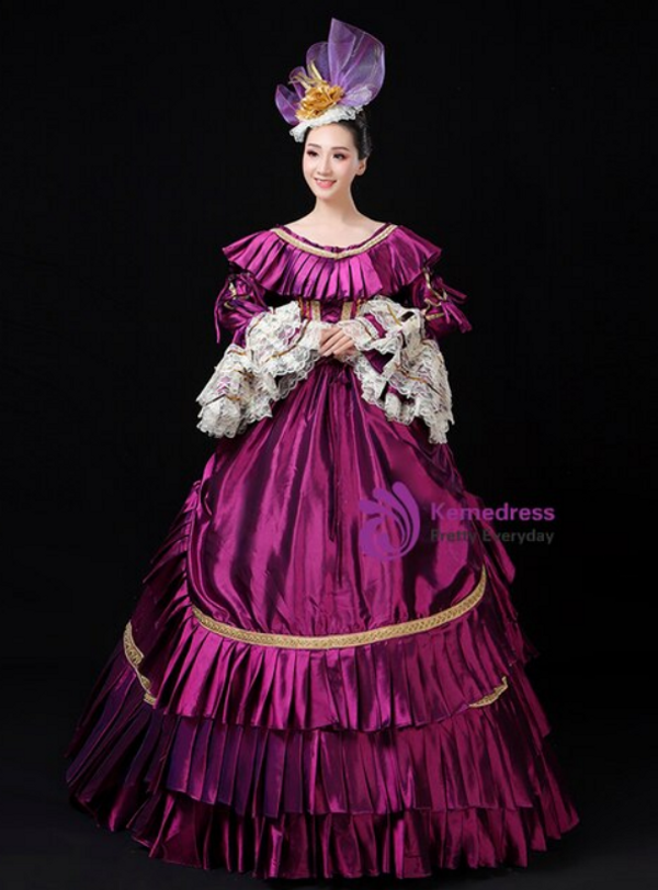 Purple Satin Long Sleeve Pleats Masquerade Vintage Gown Dress