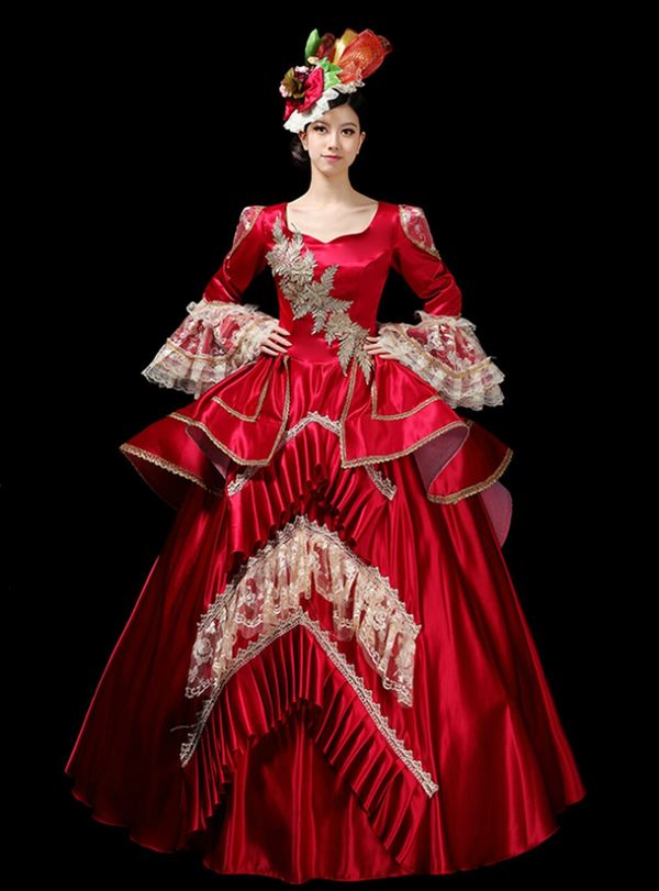 Burgundy Satin Lace Long Sleeve Rococo Baroque Vintage Gown Dress