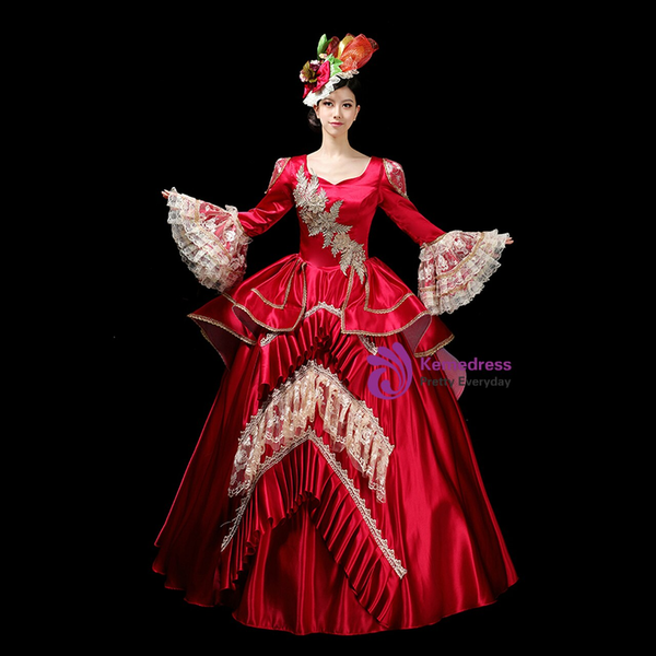 Burgundy Satin Lace Long Sleeve Rococo Baroque Vintage Gown Dress